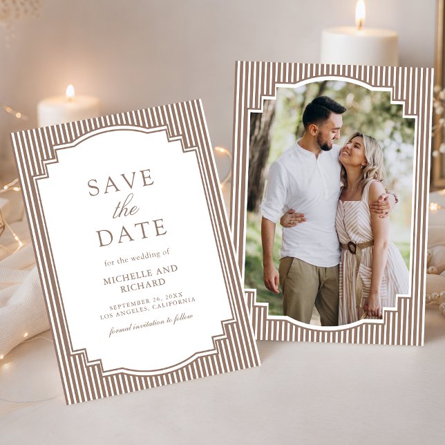 Reserve A Data Casamento Clássico com Listras Marrons de Foto (Criador carregado)