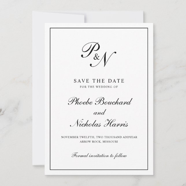 Reserve A Data Casamento Clássico Elegante Preto e Branco (Frente)