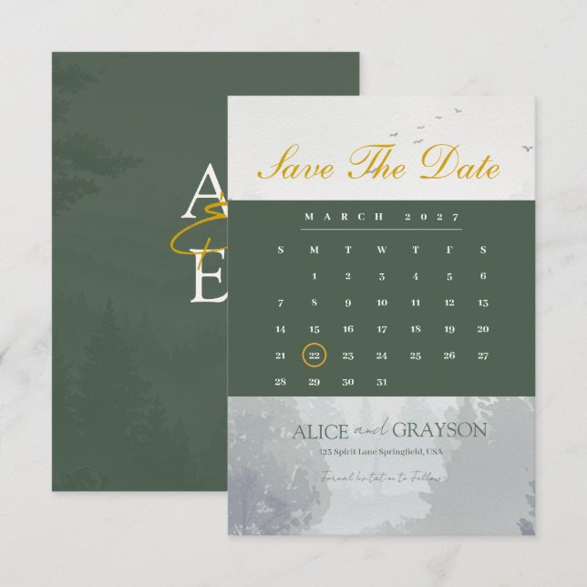 Reserve A Data Casamento Clássico em Aquarela na Floresta Rústica (Frente/Verso)