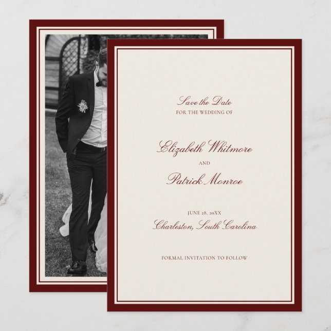 Reserve A Data Casamento Clássico Formal de Vinho Tinto Profundo  (Frente/Verso)