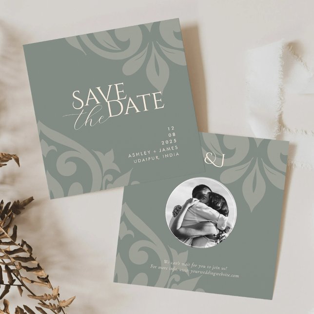 Reserve A Data Casamento Clássico Foto Damask Oliva Terroso Elega (Criador carregado)