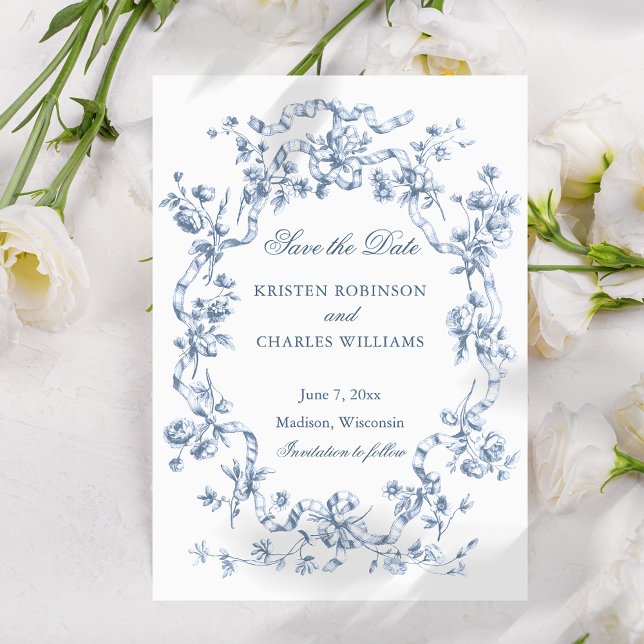 Reserve A Data Casamento Clássico Francês com Flores Azuis e Fita (Criador carregado)