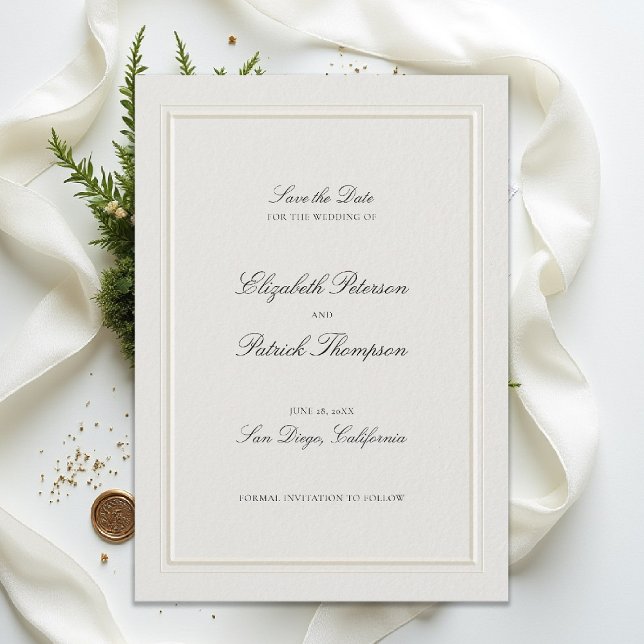 Reserve A Data Casamento Clássico Moderno Elevado Quadro Ecru (modern classic wedding invitation double frame elevated ecru formal traditional calligraphy)