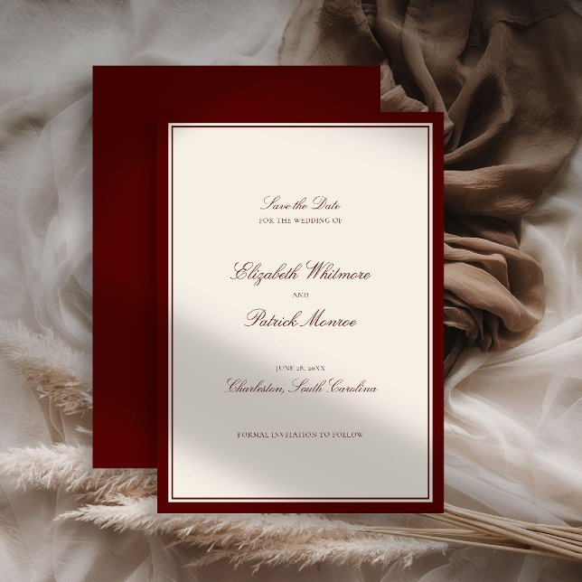 Reserve A Data Casamento Clássico Moderno Formal de Luxo em Borgo (deep burgundy wedding save the date quiet luxury old money formal modern classic estate royal statel)