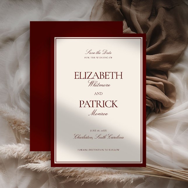 Reserve A Data Casamento Clássico Moderno Formal de Vinho Tinto P (deep burgundy wedding save the date quiet luxury old money formal modern classic estate royal regal)