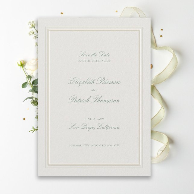 Reserve A Data Casamento Clássico Moderno Formal Elegante Sage Ec (modern classic wedding save the date sage green type double frame formal traditional stately ecru)