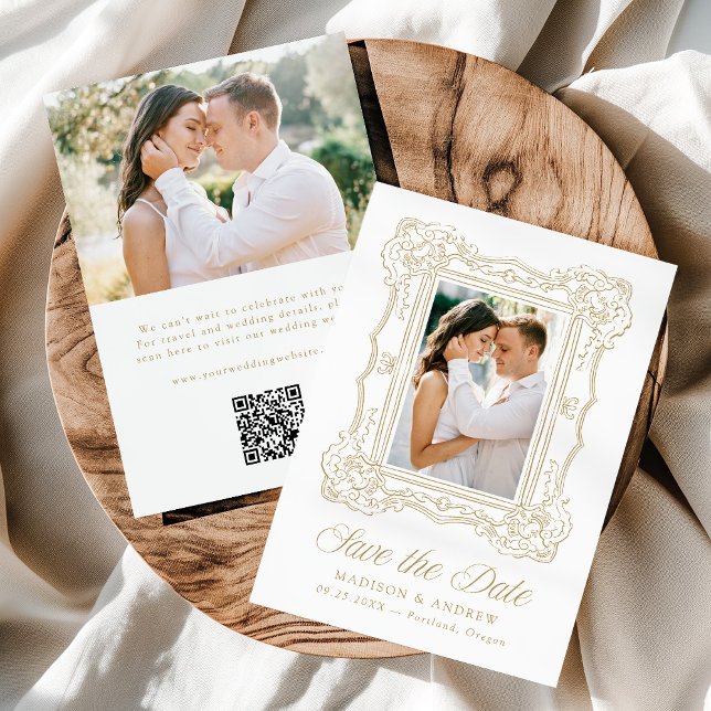 Reserve A Data Casamento Código QR de 2 Fotos em Moldura Dourada  (Criador carregado)