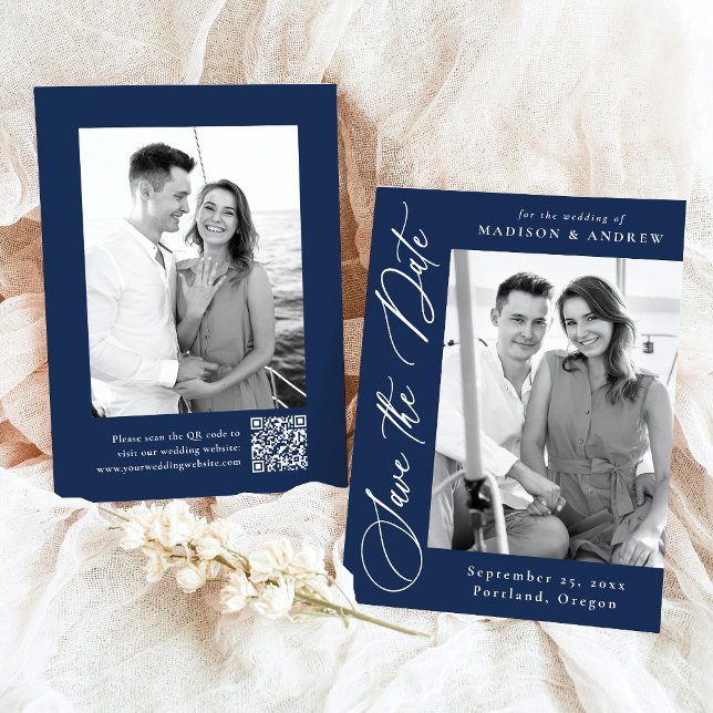 Reserve A Data Casamento Código QR de Foto 2 Navy Caligrafia Eleg (Criador carregado)
