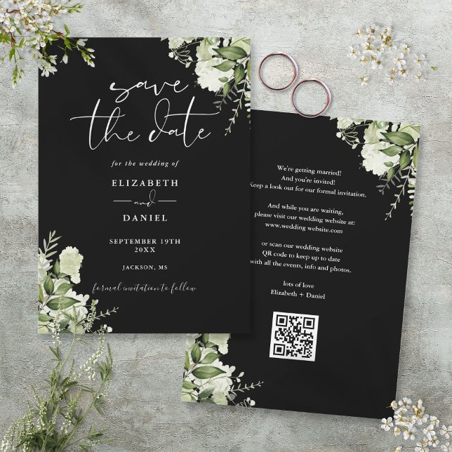 Reserve A Data Casamento Código QR Floral Preto e Branco (Black And White Greenery Floral QR Code Wedding Save The Date)