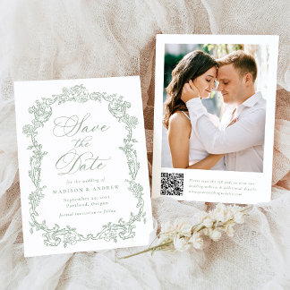 Reserve A Data Casamento Código QR Floral Vitoriano Elegante Sage