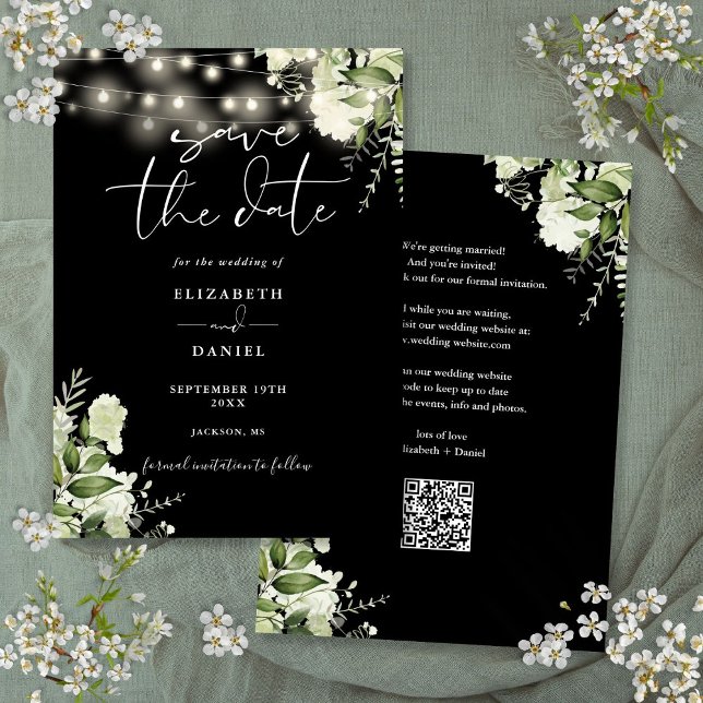 Reserve A Data Casamento Código QR Luzes Florais Preto e Branco (Black And White Floral Lights QR Code Wedding Save The Date)