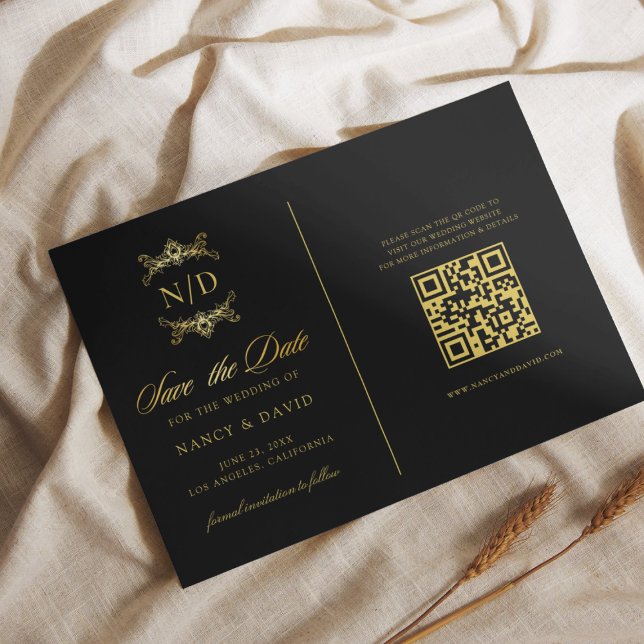 Reserve A Data Casamento Código Qr Monograma Preto e Dourado (Criador carregado)