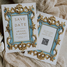 Reserve A Data Casamento Código QR Rococó Dourado Azul Vintage