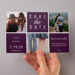Reserve A Data Casamento colagem de 3 fotos simples roxo moderno