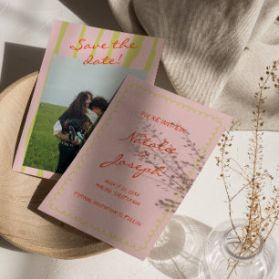 Reserve A Data Casamento Colorido com Foto Retro Pinstripe