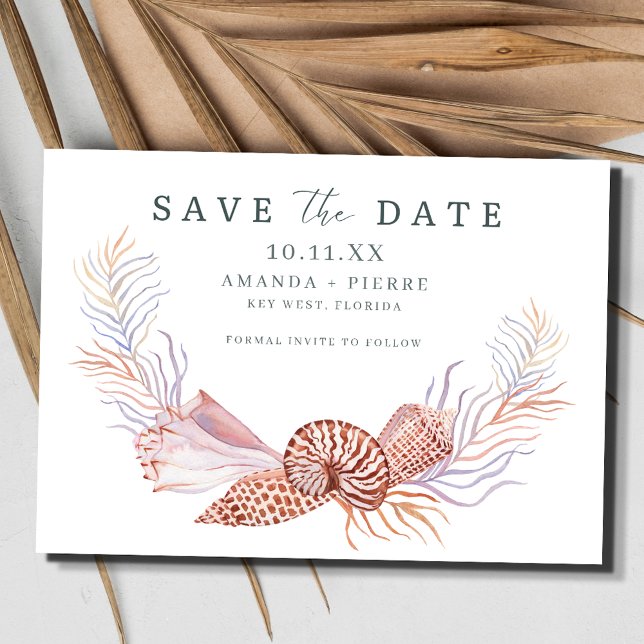 Reserve A Data Casamento com a praia de Seashell Costeira Salve a (Coastal Seashell Beach Wedding Save the Date)