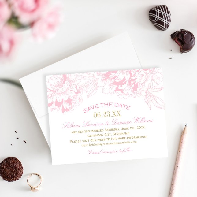 Reserve A Data Casamento com Acento Dourado e Peônia Rosa (Criador carregado)