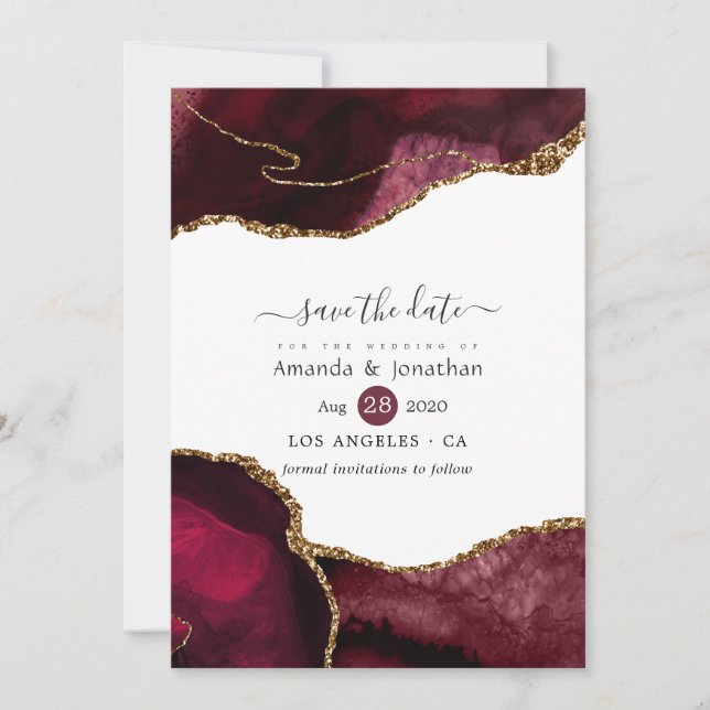 Reserve A Data Casamento com Ágata Burgundy e Dourado (Frente)