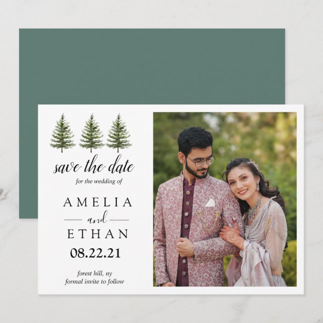 Reserve A Data Casamento com Aquarela Florestal de Inverno (Frente/Verso)