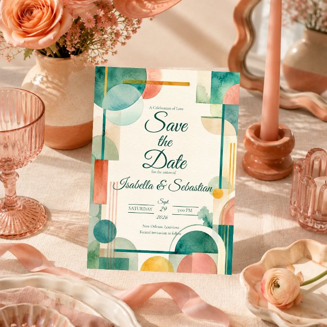 Reserve A Data Casamento com Aquarela Geométrica Moderna (Criador carregado)