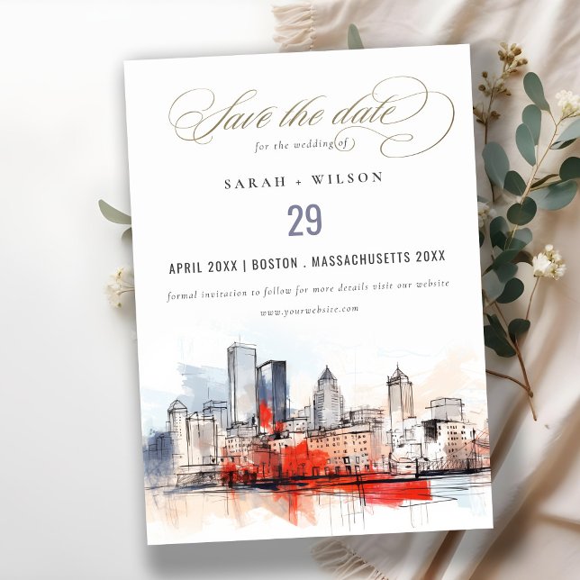Reserve A Data Casamento com Aquarelas da Cidade de Boston Massac (Criador carregado)