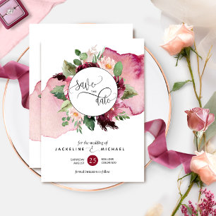Reserve A Data Casamento com Aquarelas e Borgonhas e Blush Floral