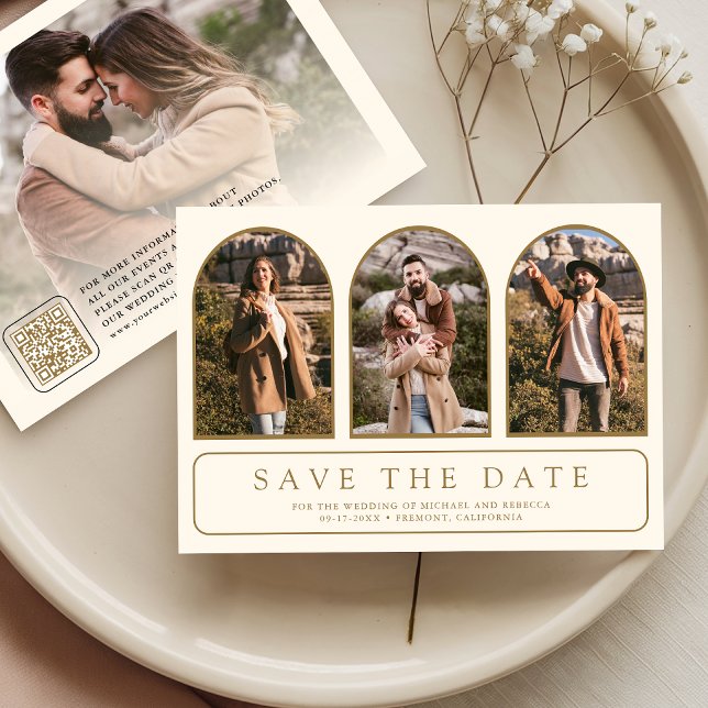 Reserve A Data Casamento com Arco Mínimo em Dourado Creme e Códig (Criador carregado)