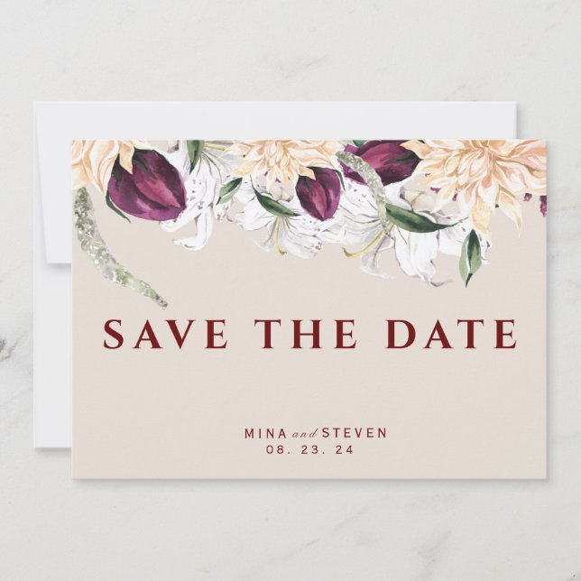 Reserve A Data casamento com arranjo floral vermelho e branco bot (Frente)
