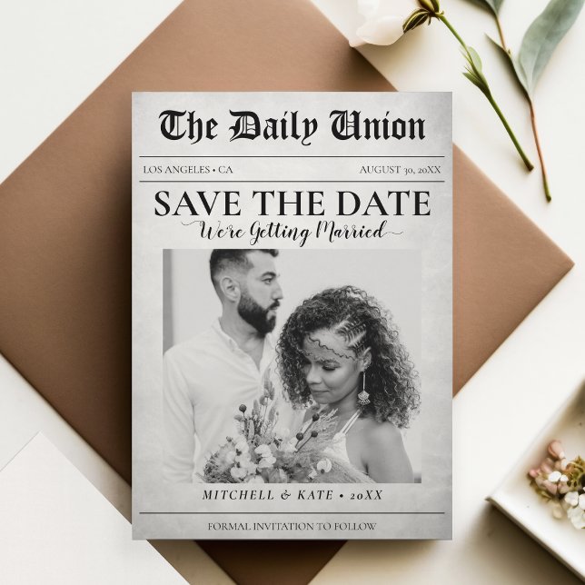 Reserve A Data Casamento com artigo de jornal (Newspaper Article Wedding Save The Date)