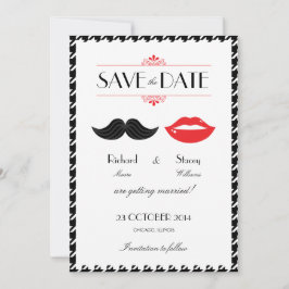 Reserve A Data Casamento com Bigode e Lábios Vermelhos, Pretos & 