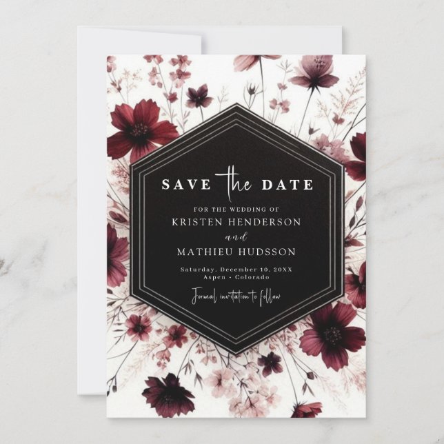 Reserve A Data Casamento com Borgonha Digital Floral (Frente)