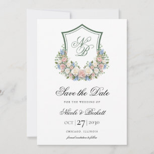 Reserve A Data Casamento com Brasão Floral Azul Empoeirado