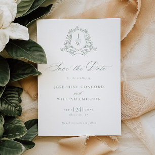 Reserve A Data Casamento com Brasão Floral Monograma em Verde Sál