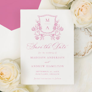Reserve A Data Casamento com Brasão Floral Rosa Elegante