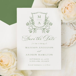 Reserve A Data Casamento com Brasão Floral Verde Elegante