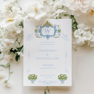 Reserve A Data Casamento com Brasão Monograma Azul Rococó