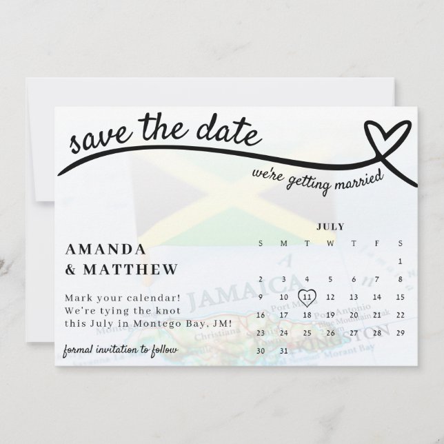 Reserve A Data Casamento com Calendário Coração Jamaica (Frente)