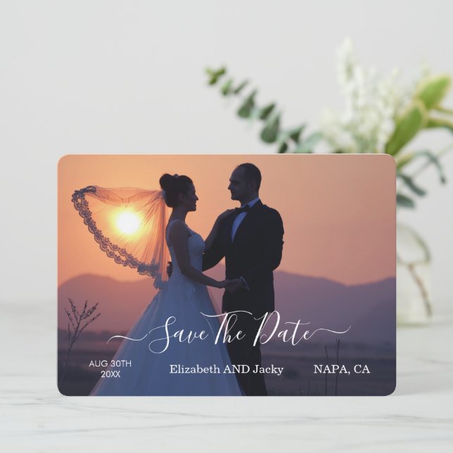 Reserve A Data Casamento com Caligrafia Clássica Elegante Preto e (Em pé/Frente)