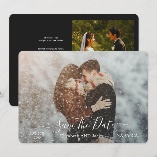 Reserve A Data Casamento com Caligrafia Preta e Branca Clássica e (Frente/Verso)