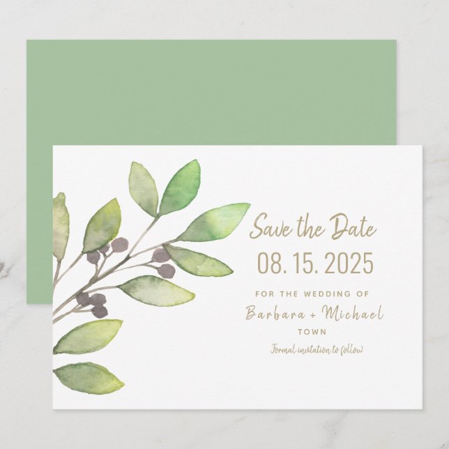 Reserve A Data Casamento com Caligrafia Simples e Vegetação Mínim (Frente/Verso)