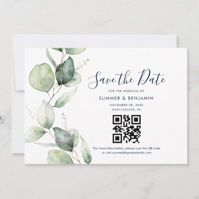 Reserve A Data Casamento com Código QR e Verdejante de Eucalipto (Frente)