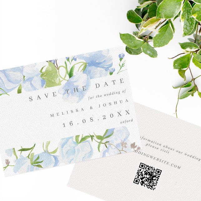 Reserve A Data Casamento com Código QR Floral Azul Moderno (Criador carregado)