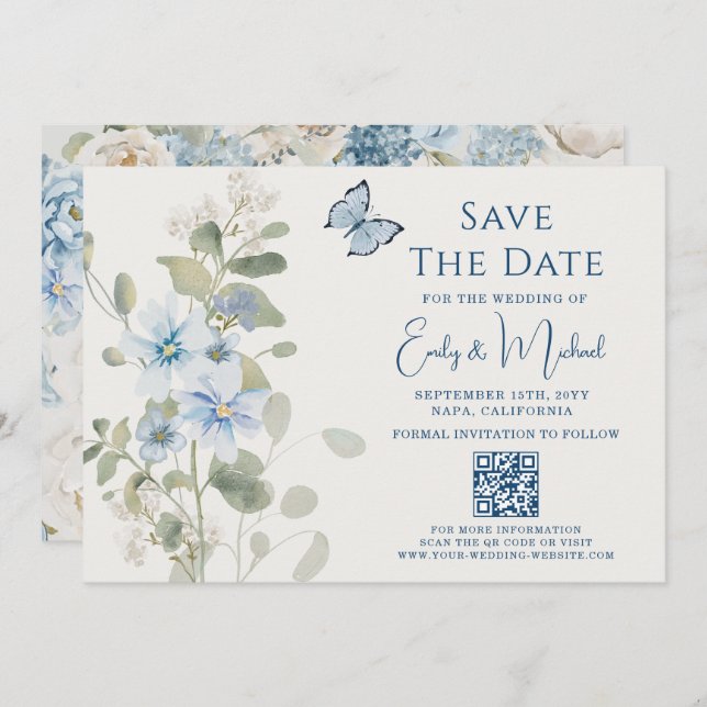 Reserve A Data Casamento com Código QR Floral Azul Romântico Dust (Frente/Verso)