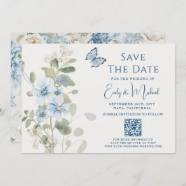 Reserve A Data Casamento com Código QR Floral Azul Romântico Dust