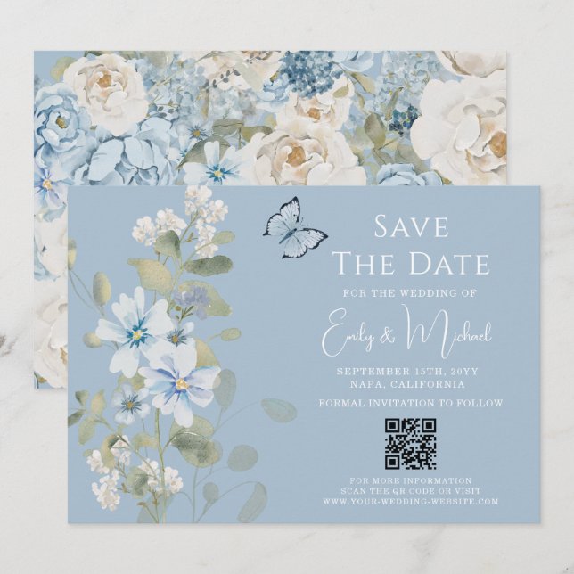 Reserve A Data Casamento com Código QR Floral Azul Romântico Dust (Frente/Verso)