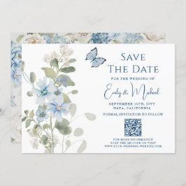 Reserve A Data Casamento com Código QR Floral Azul Romântico Dust