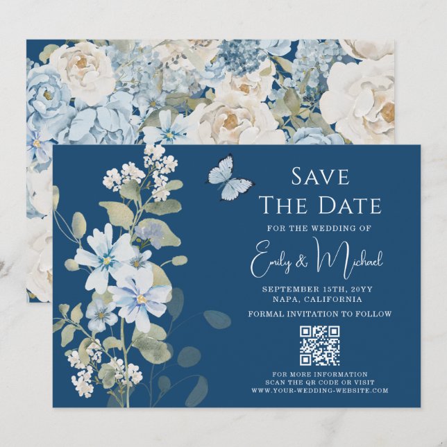 Reserve A Data Casamento com Código QR Floral Azul Romântico Dust (Frente/Verso)