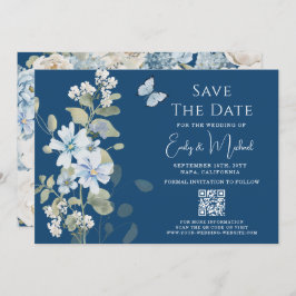 Reserve A Data Casamento com Código QR Floral Azul Romântico Dust