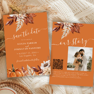 Reserve A Data Casamento com código QR floral laranja queimado mo