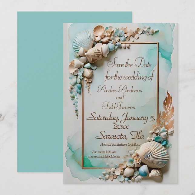 Reserve A Data Casamento com concha de mar na praia (Frente/Verso)